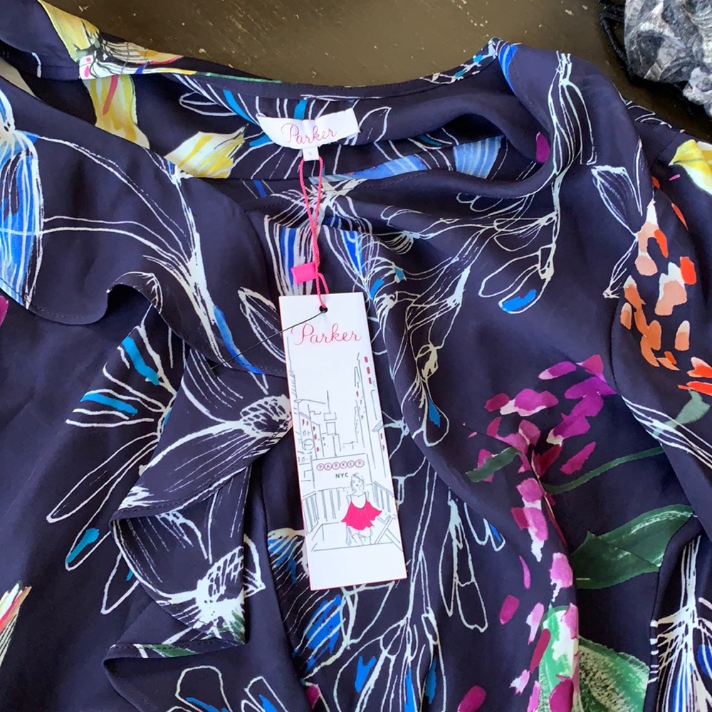 Parker color cosmic fleur long sleeve ruffle blouse. NWT. Retail 238